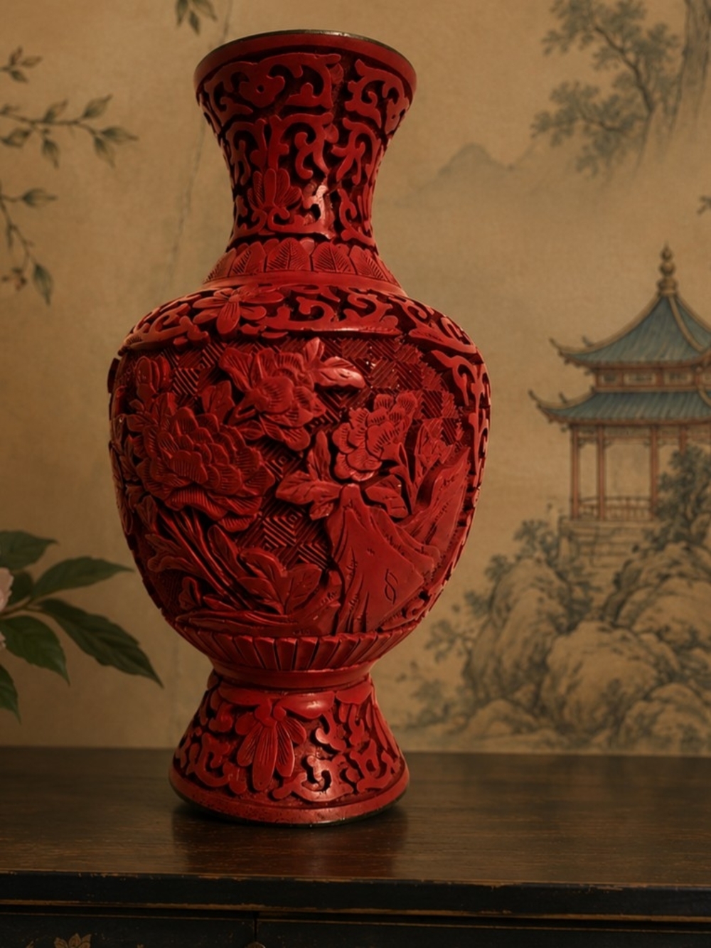 Vintage 1970s Beijing Gongmei Carved Cinnabar-style Vase Peony 6" Marked w/ Logo